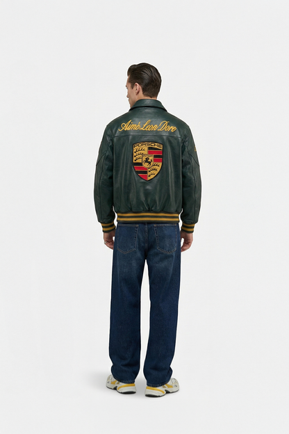 Porsche x Aimé Leon Dore Vintage Leather Bomber Jacket - Green Edition
