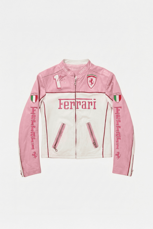 Ferrari F1 Vintage Racing Leather Jacket - Pink & White Edition