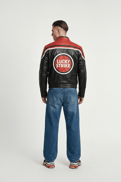 Lucky Strike Vintage Racing Leather Jacket - Red & Black Edition