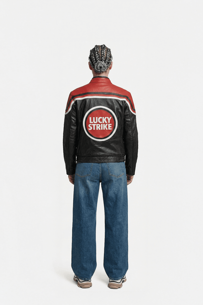 Lucky Strike Vintage Racing Leather Jacket - Red & Black Edition