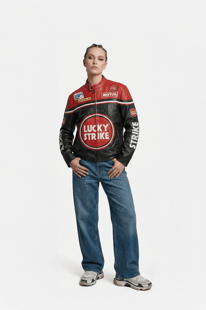Lucky Strike Vintage Racing Leather Jacket - Red & Black Edition