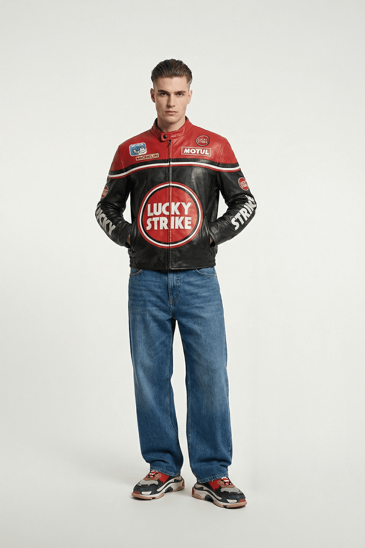 Lucky Strike Vintage Racing Leather Jacket - Red & Black Edition