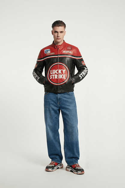 Lucky Strike Vintage Racing Leather Jacket - Red & Black Edition