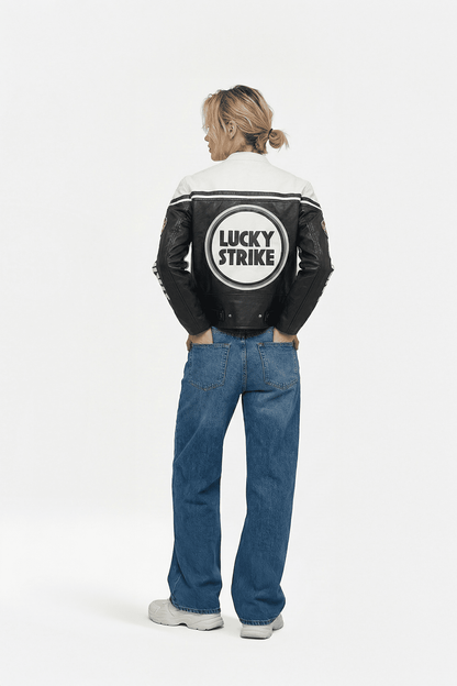 Lucky Strike Vintage Racing Leather Jacket - White & Black Edition