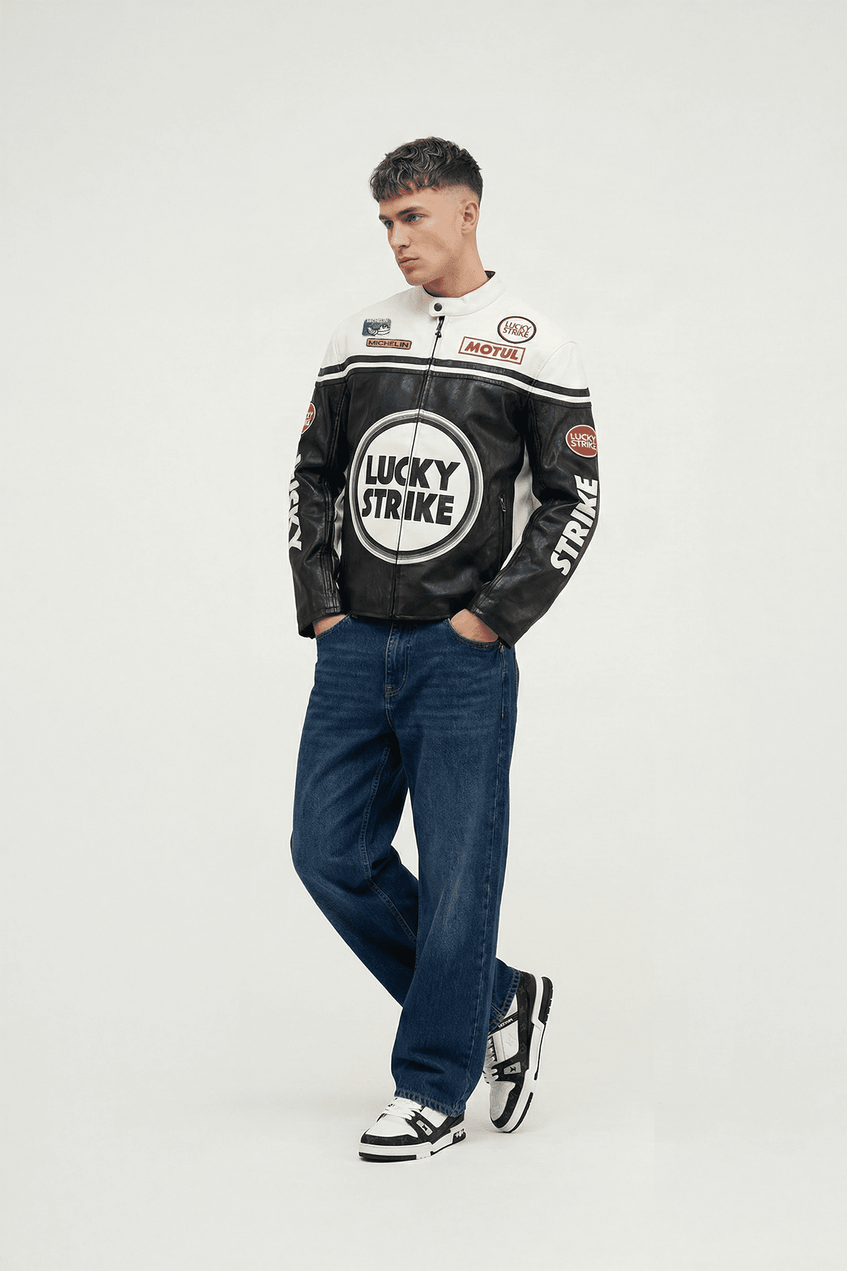 Lucky Strike Vintage Racing Leather Jacket - White & Black Edition