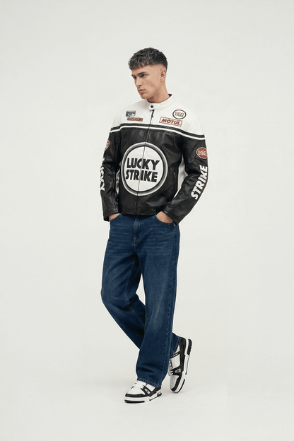Lucky Strike Vintage Racing Leather Jacket - White & Black Edition