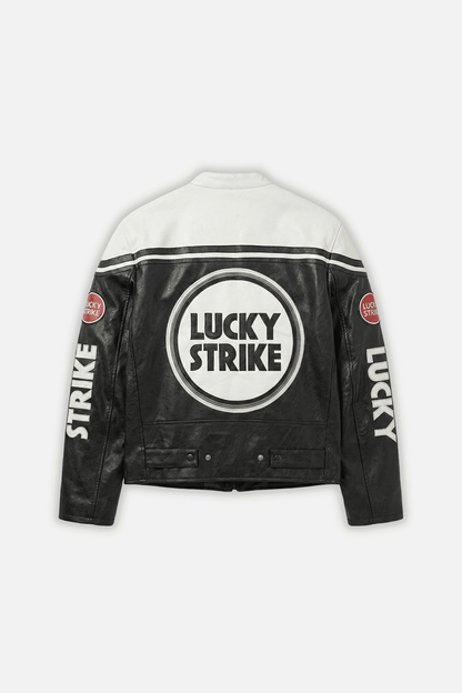 Lucky Strike Vintage Racing Leather Jacket - White & Black Edition