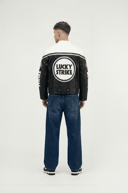 Lucky Strike Vintage Racing Leather Jacket - White & Black Edition