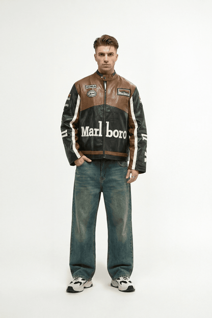 Marlboro Vintage Racing Leather Jacket - Brown & Black Edition