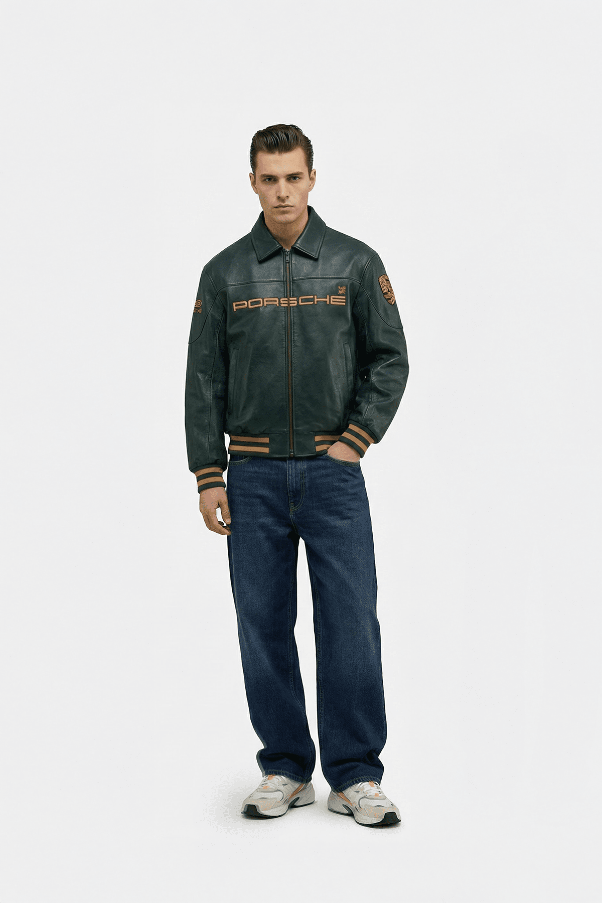Porsche x Aimé Leon Dore Vintage Leather Bomber Jacket - Green Edition