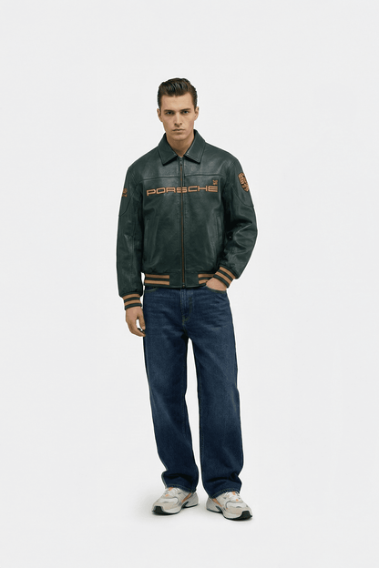 Porsche x Aimé Leon Dore Vintage Leather Bomber Jacket - Green Edition